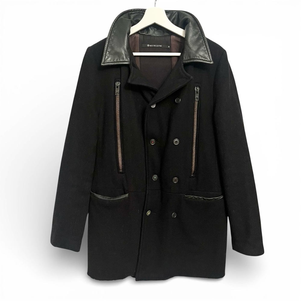 NICE Collective Black Wool Double Breasted Military Peacoat Leather medium